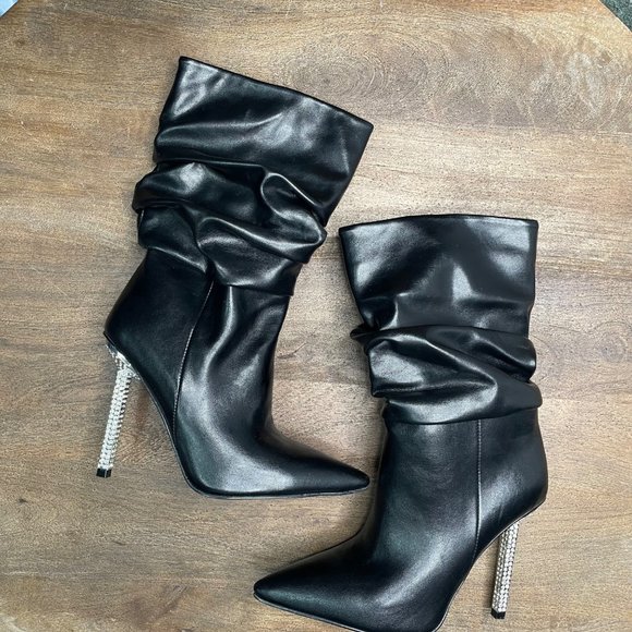 Azalea Wang Akira Black Stiletto Boot Size‎ 7 Rhinestone Glam Sexy Club Dancer - Picture 2 of 10